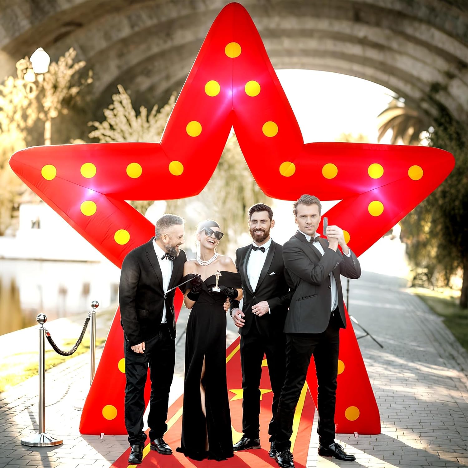 10FT Movie Night Star Outdoor Inflatable Decoration Giant Pentagram Archway with Built in LED Lights Red Runner Rug Movie Theme Blow Up Decor for Red Carpet Awards Birthday Party Yard Garden Decor