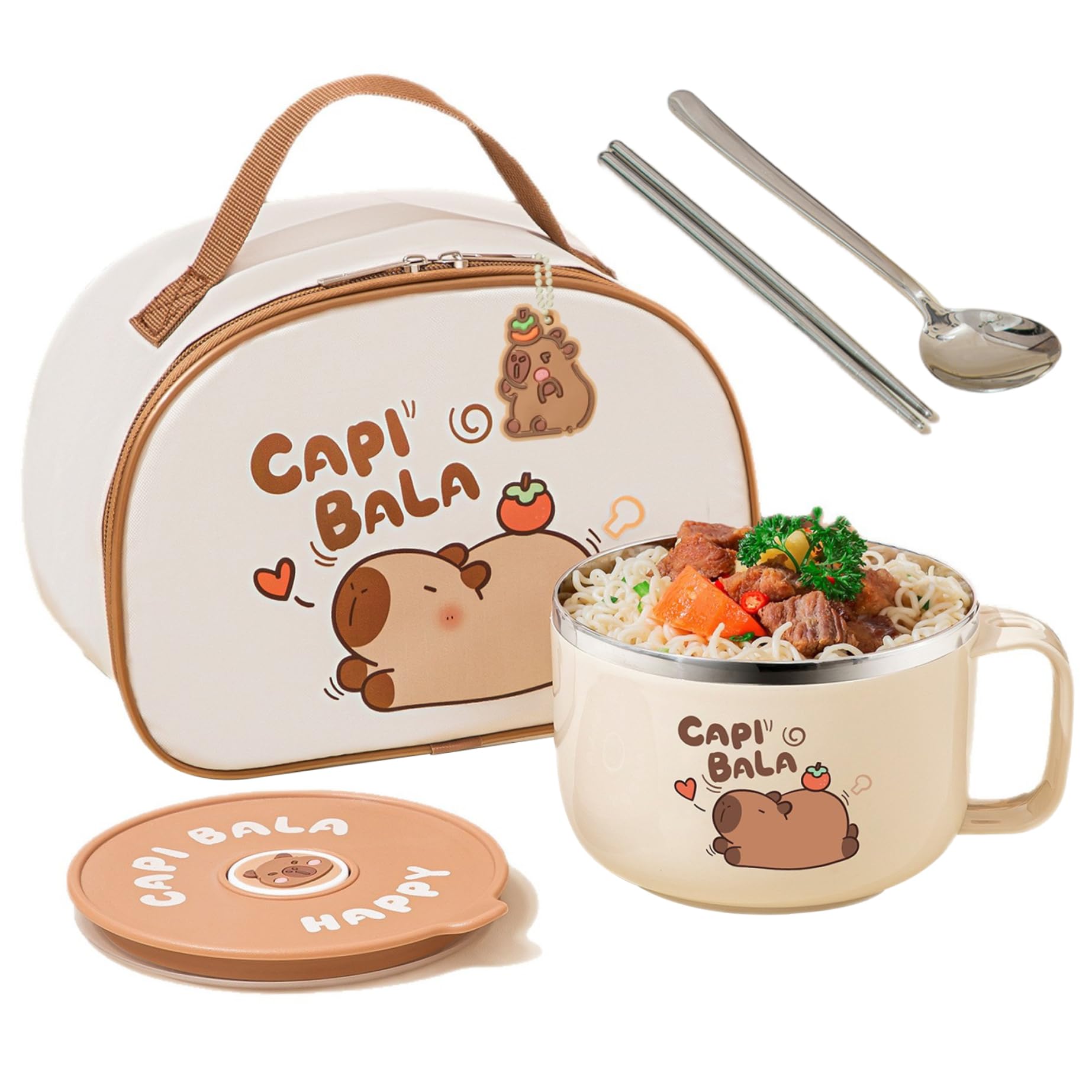 Ramen-Schüssel, mikrowellengeeignet, 800 ml, Capybara-Edelstahl-Suppenschüssel mit Deckel, Tasche und Geschirr, tragbarer Ramen-Kocher für Nudeln, Knödel, Salate, Instant-Nudeln