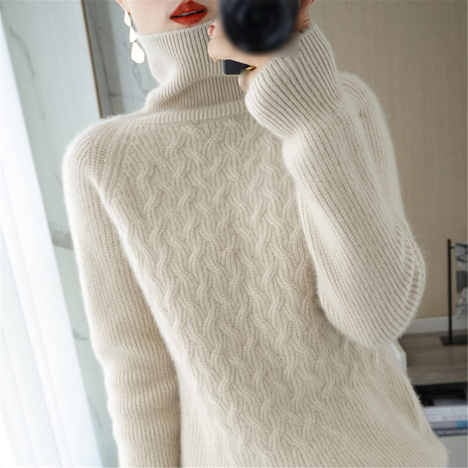 Suéter de cachemira de lana 100% suéter de otoño e invierno para mujer de cuello alto suéter suelto casual de punto