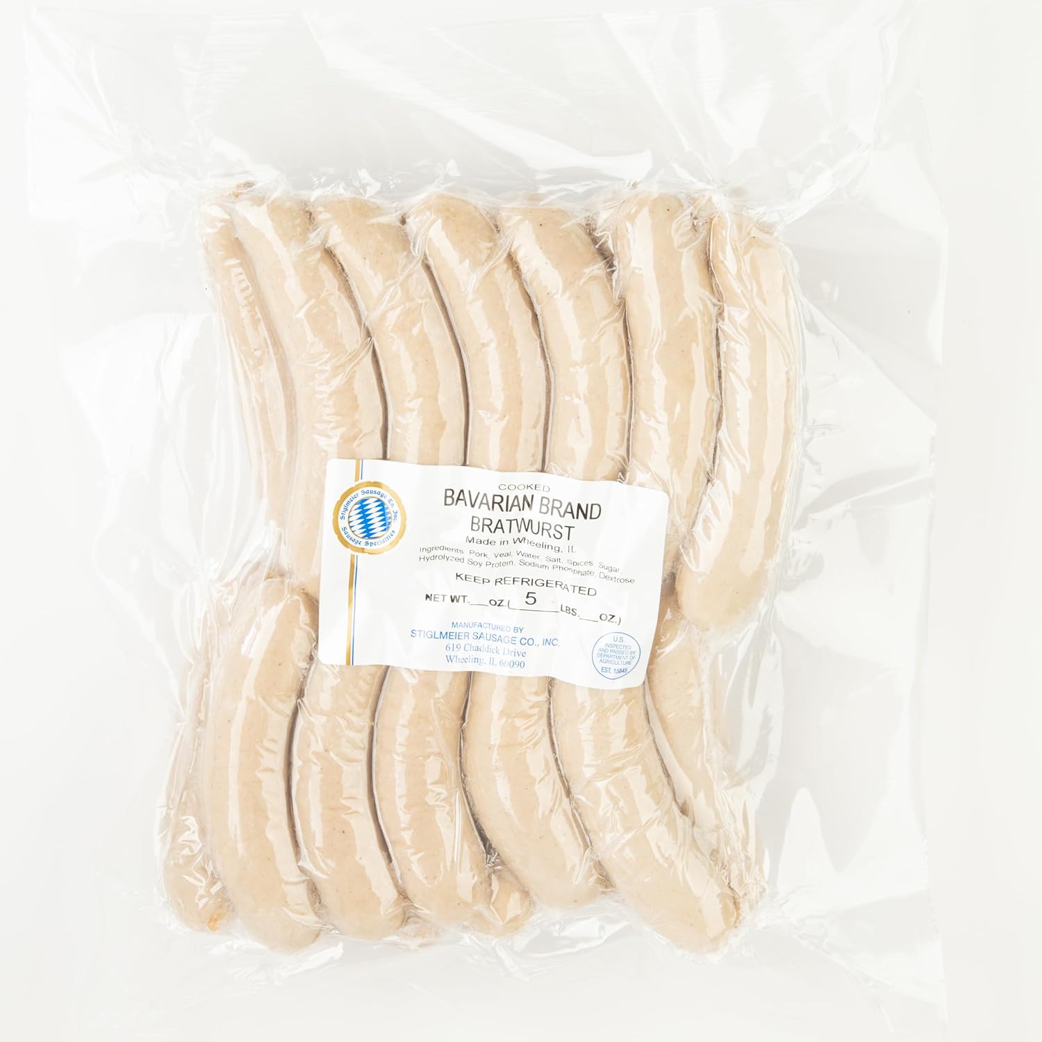 Authentic Bavarian Bratwurst Sausage, 10 lb Case, 5 Sausages per lb, Frozen, Traditional German Flavor