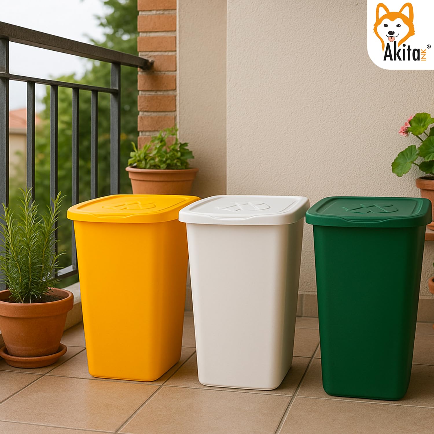 AKITAINK Set 3 contenitori Pattumiere da 50L - Totale 150 litri, per raccolta differenziata - Bidoni multicolore in plastica resistente, ideali per cucina, giardino e ambienti esterni - Made in Italy.