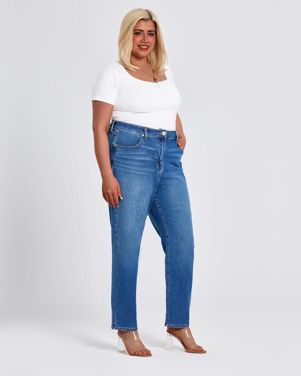 Women's Plus Size Mom Jeans Straight Leg Boot Cut Mid High Rise Comfy Stretchy Jeans - Image 2