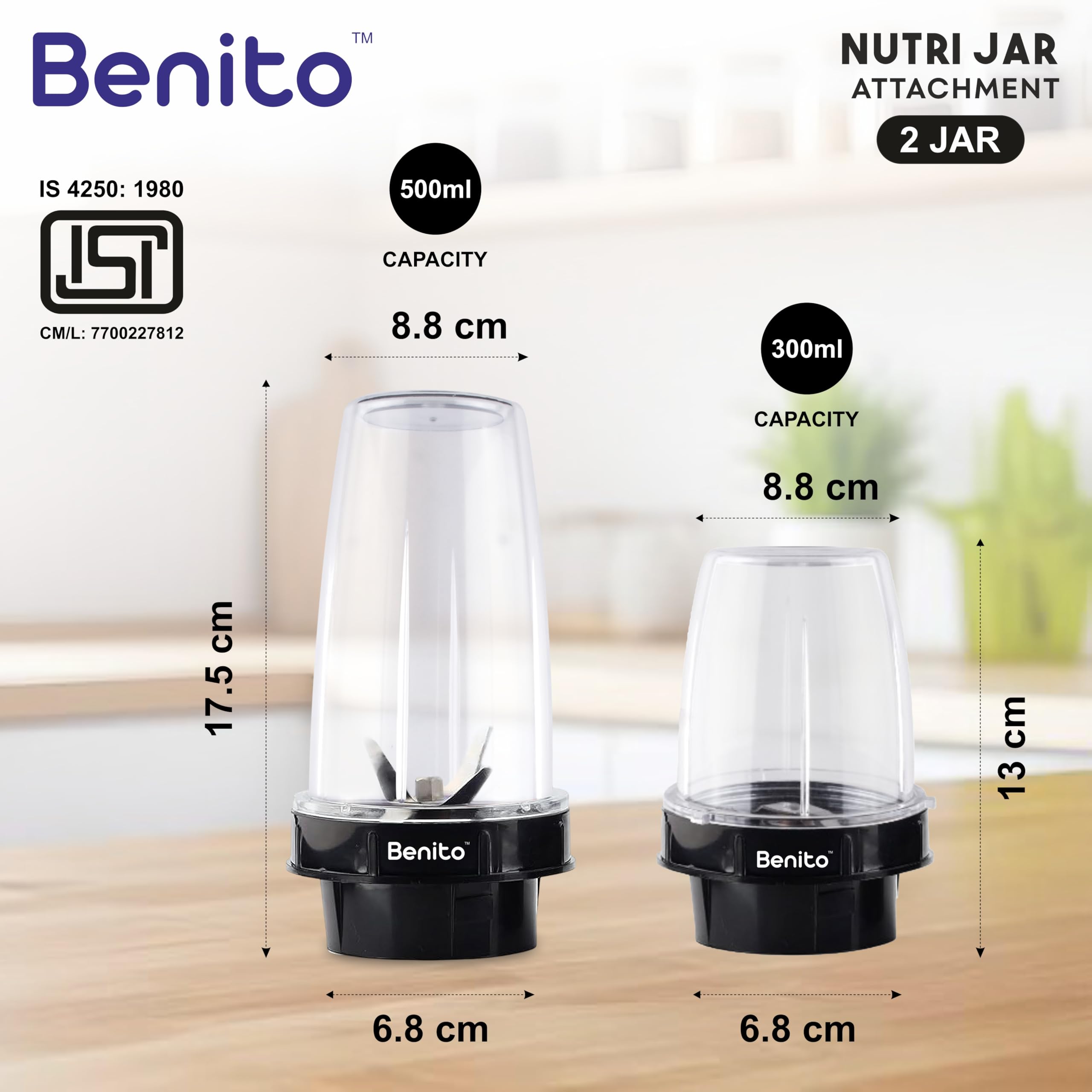 Benito NUTRI BULLET Polycarbonate 2 Jar Set (500ml & 300ml) for Mixer Grinder – Compatible with 4-Teeth Coupler & Dual Locking System — Amazon image 2