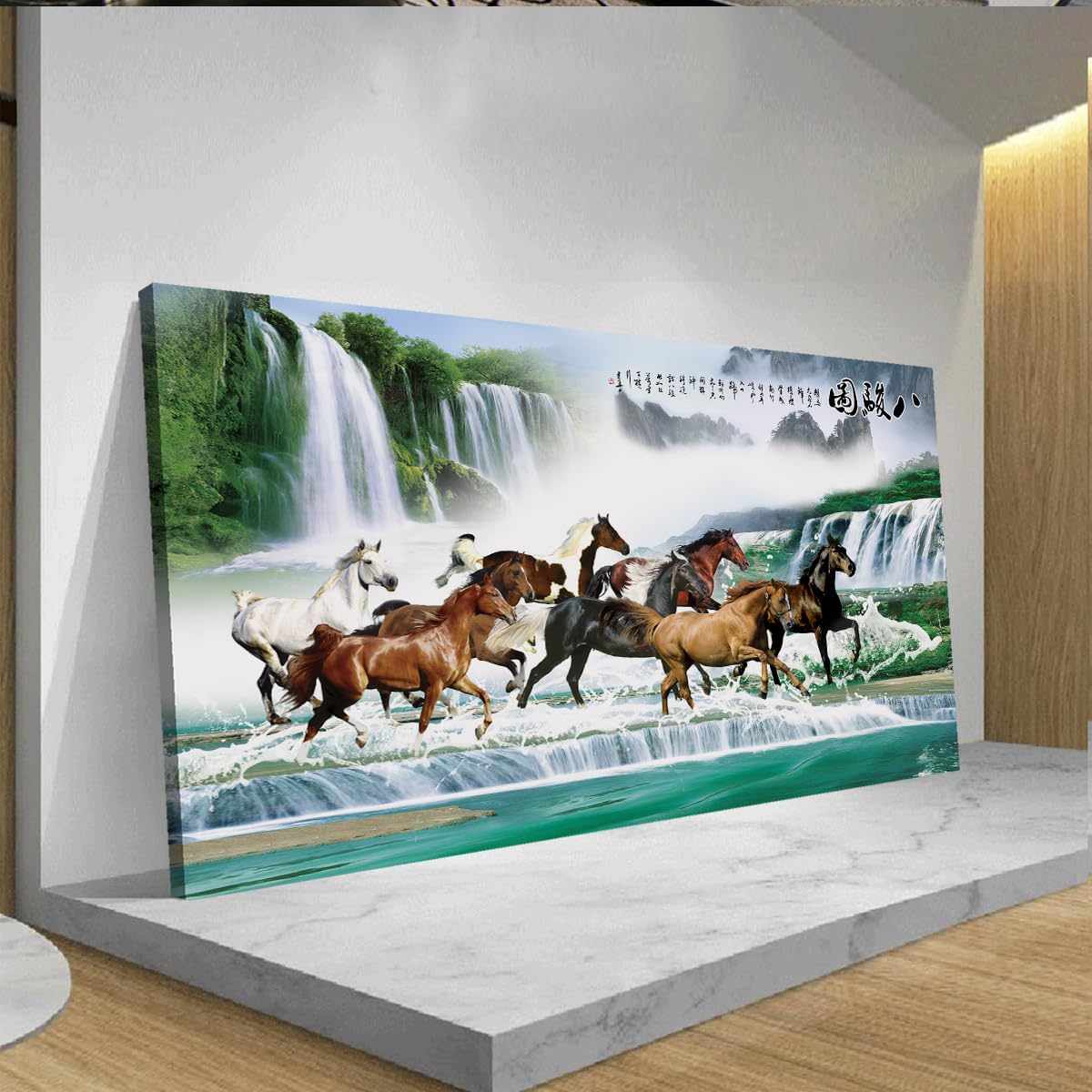 CHERHERART Osiem koni obraz ścienny na płótnie chiński krajobraz i malarstwo zwierząt wydruki do domu biura gabinet salon dekoracja wewnętrzna rama 55 x 110 cm