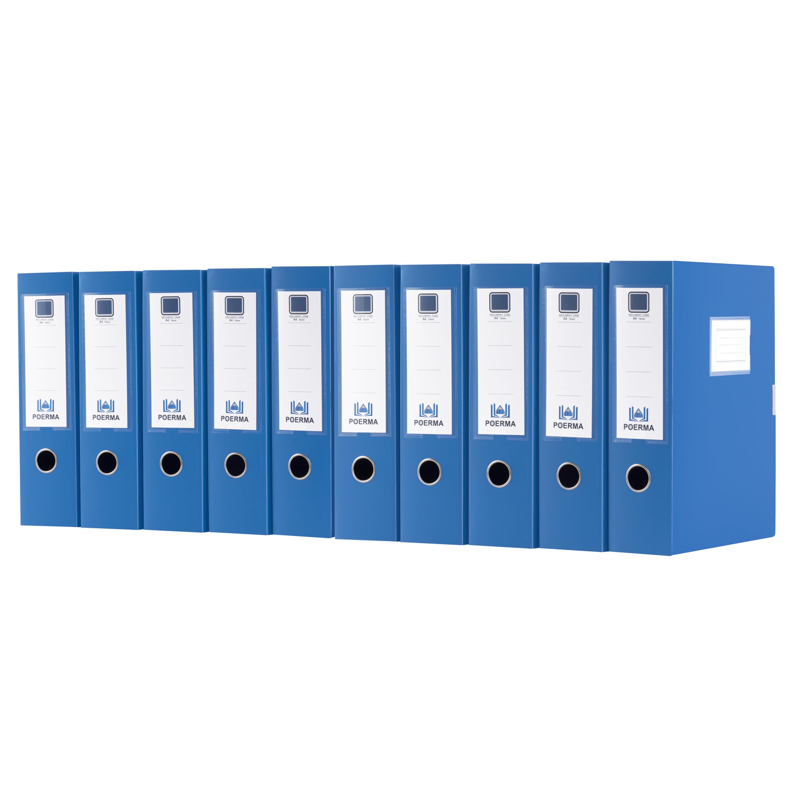 POERMA Box Files A4, 10 Pack Folding Plastic Filing Boxes, 75mm Spine, Large Capacity Plastic Archiving Box with Lid for Office, Home and School (Blue)
