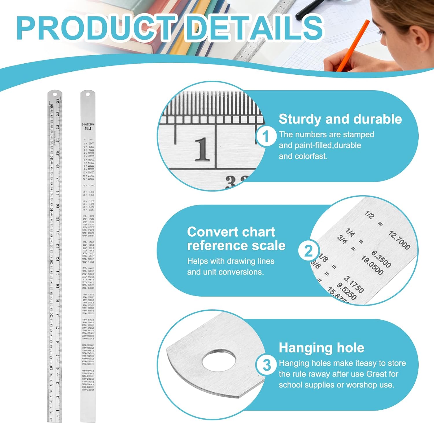 HARFINGTON 3pcs Stainless Steel Metal Ruler 60cm/24 Dual Scale Metric Inch Straight Edge Measuring Tool with Conversion Table (1-1/8")