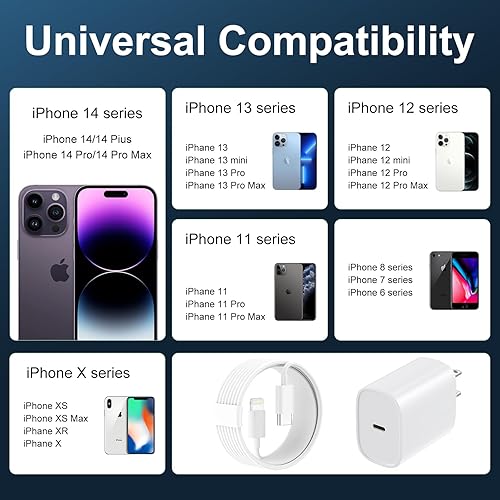 Miniatura 4 de DiHines Cargador rápido para teléfono 14, 13, 12, 11, cargador de teléfono de 12 pies de largo, cable Lightning de carga rápida y bloque de carga