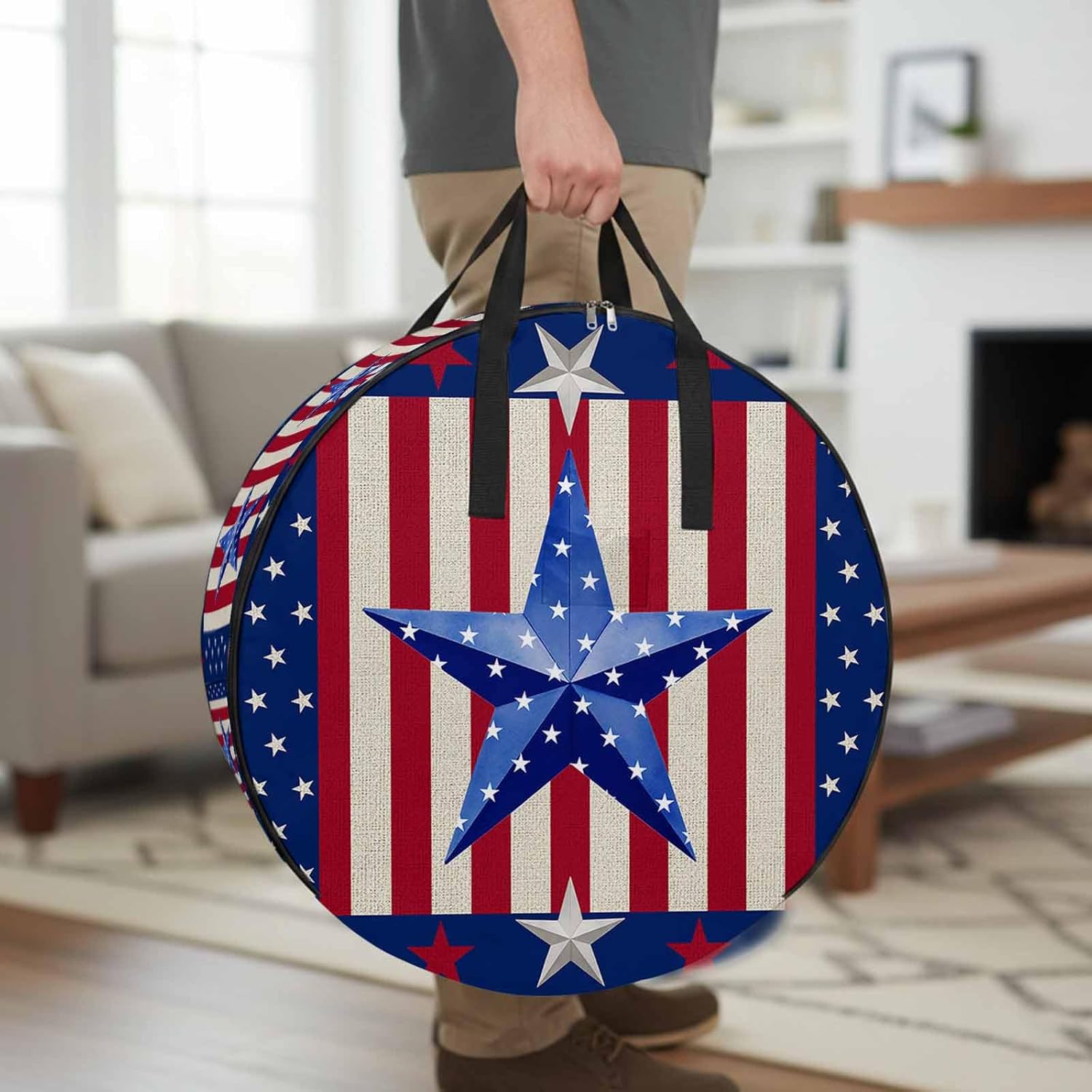 USA Flag Round Storage Bag 36 Inch, 4th of July Stars Blue Red Stripe Retro Farmhouse Clothes Storage Container with Handles Heavy Duty Organizer for Comforter, Bedding & Holiday Wreaths