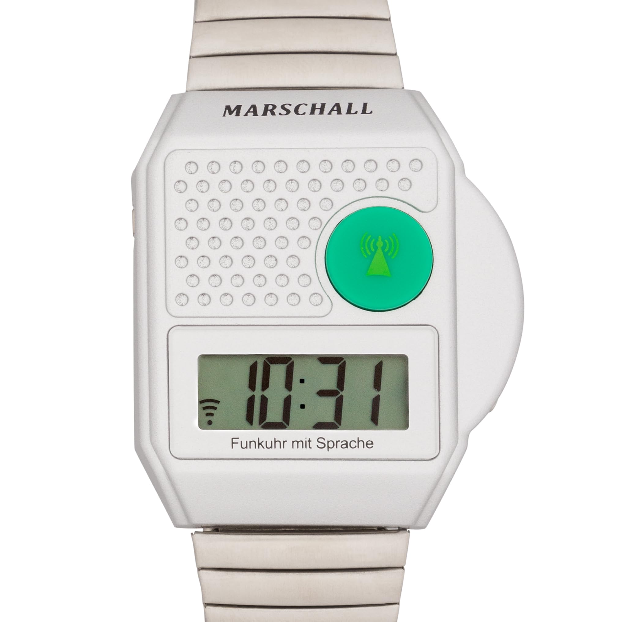 Marschall Deutsch sprechende Digitale Funkarmbanduhr mit Metallzugarmband I 1110V I Silber I Ansage von Zeit und Datum I Weckfunktion I Großes LCD Display
