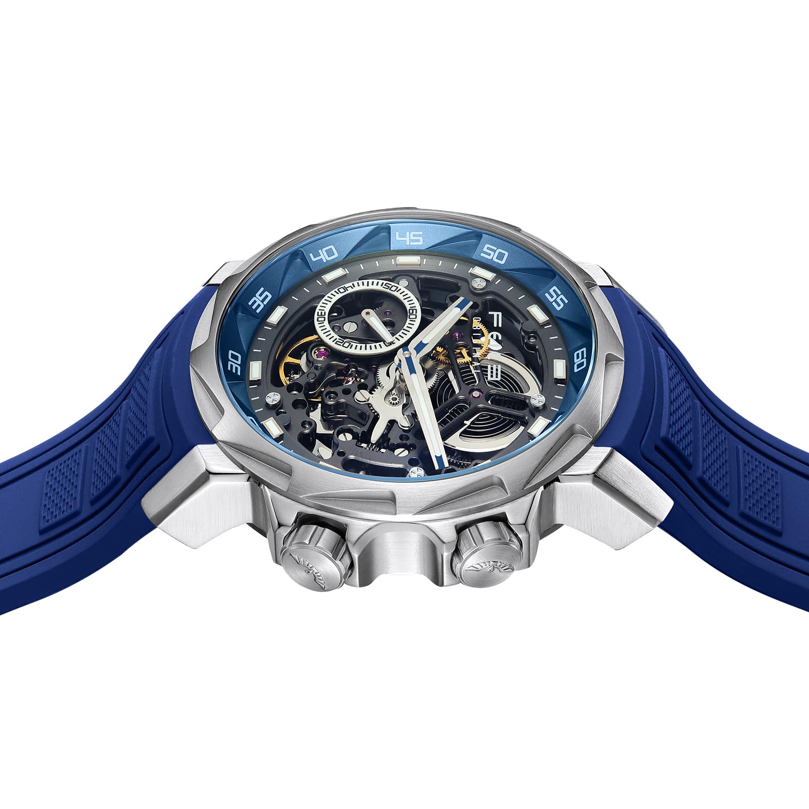 FEICE Herren Automatikuhr Skelett Saphirglas mit Gummiarmband Edelstahlgehäuse 46 mm FM511