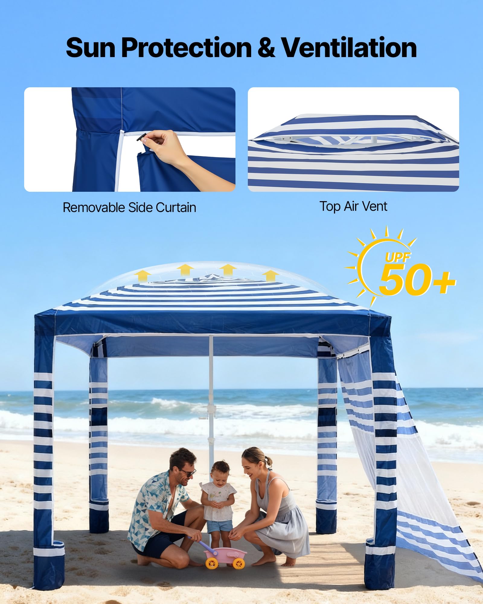 VEVOR Tenda da Spiaggia per Esterno 2438 x 2438 mm con Parete Laterale, Facile da Montare con Tasche per la Sabbia, Ombrellone Parasole Portatile Regolabile in Altezza, Striato Blu Scuro e Bianco