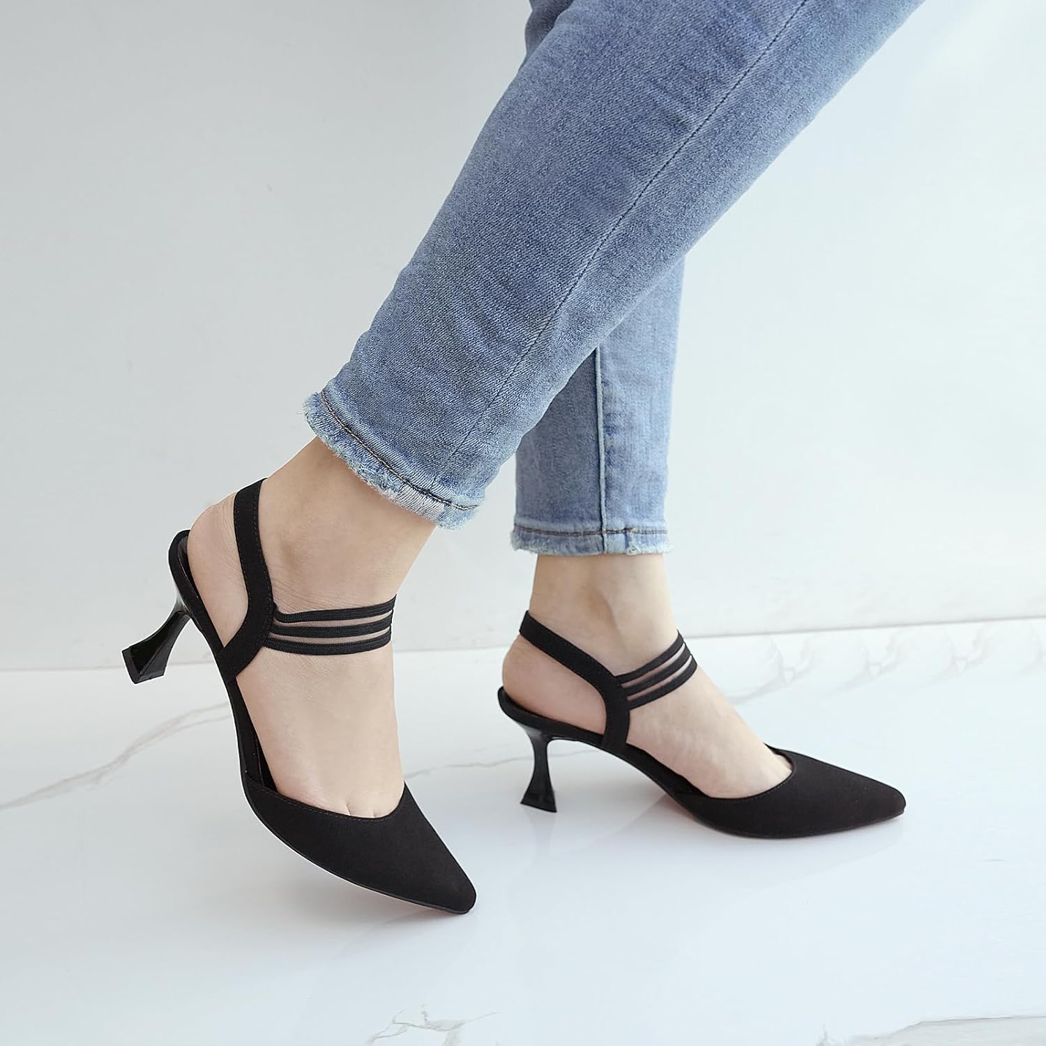 JENN ARDOR Women's Closed Toe Kitten Heels Slingback Pumps Elastic Ankle Strap Sandals Pointed Toe Wedding Prom Dress Shoes - Image 3