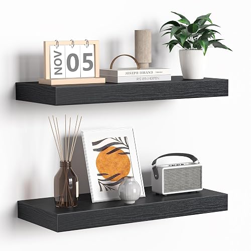 Fun Memories Floating Shelves - 16 Inch Rustic Black Wall Shelf - Wall Mounted Shelves for Wall Decor Storage - Wooden Shelves with Invisible Brackets for Living Room, Bedroom, Kitchen, 2 Pack - Black - 16"L x 6.7"D - 2