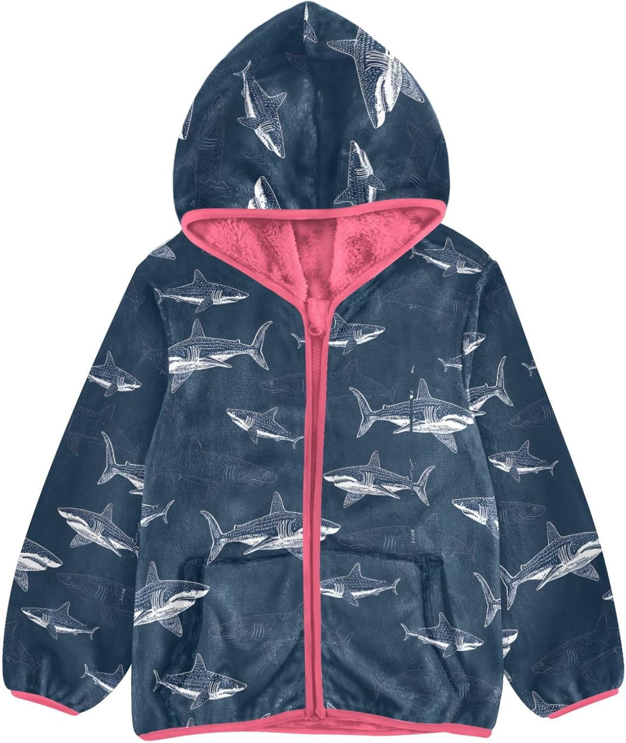 Girls Hoodie Outfit Fabric with Sharks in The Pattern Zipper Sweatshirt Coat Fleece Jacket for Kids 3-10T