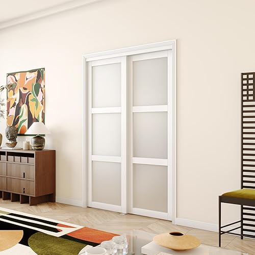 Miniatura 58 de Puerta corrediza para armario, 48 x 80 pulgadas (doble 24 pulgadas), puerta corredera de doble K, accesorios incluidos, panel preperforado necesita