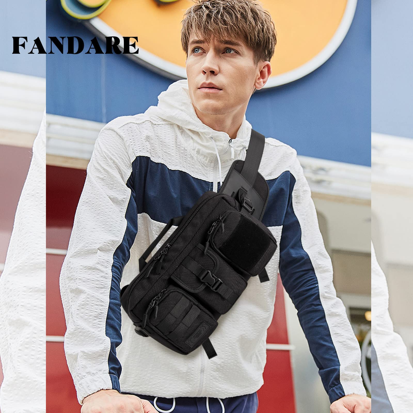 FANDARE Moda Marsupio da Uomo Zaino Monospalla Militare Marsupio Sportivo Borsello Zaino Spalla Borsa Cintura Impermeabile per Trekking Running Ciclismo Viaggio Sports Nero