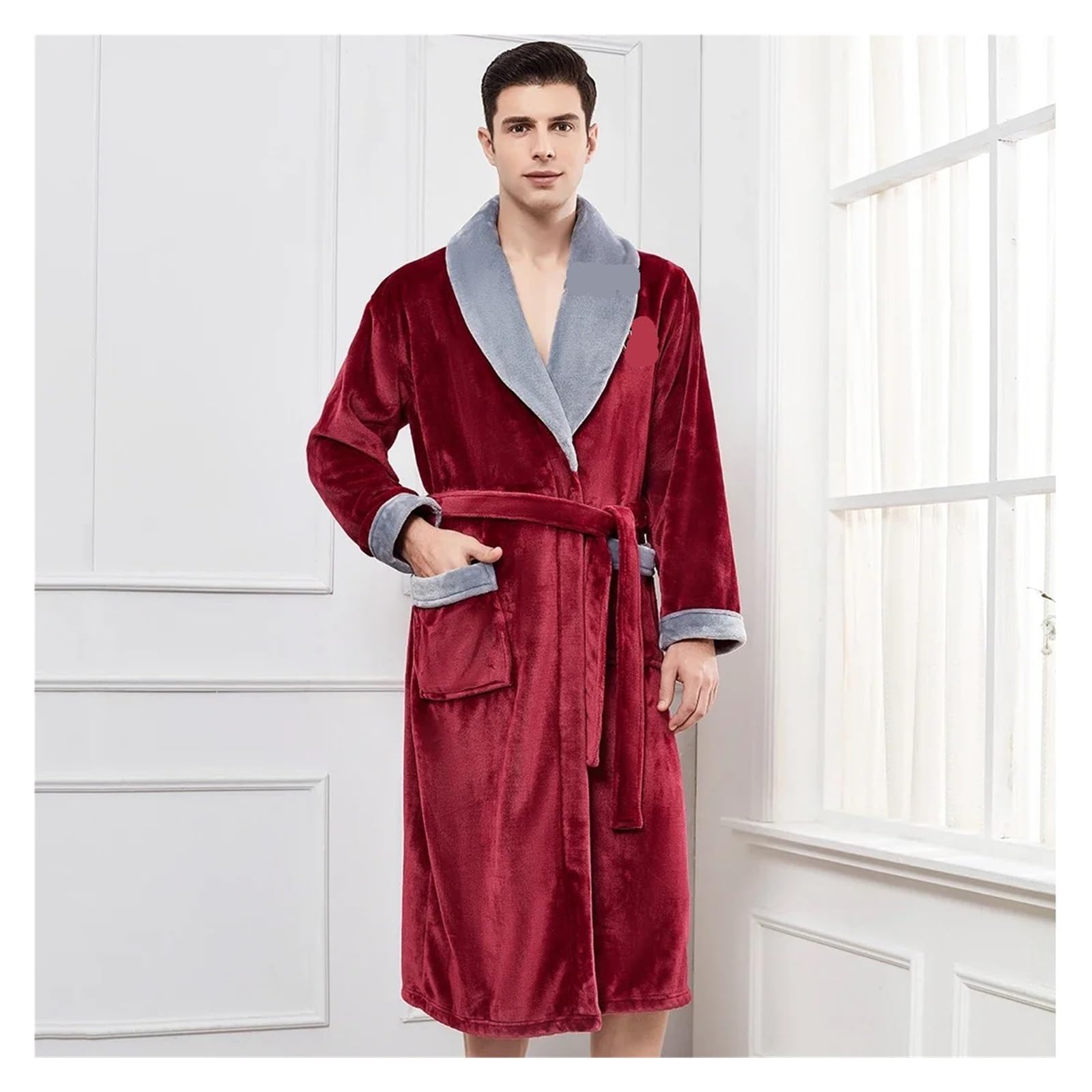 Albornoz Largo para Hombre De Franela Gruesa for Hombre, Ropa de Dormir otoño e Invierno, cálida baño Forro Polar Coral, Holgada Informal, Estar en casa