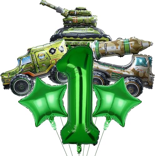 6 globos de tanque del ejército, globo de camuflaje de montaje 3D, globo de aluminio de Mylar con número de cumpleaños del ejército, suministros de
