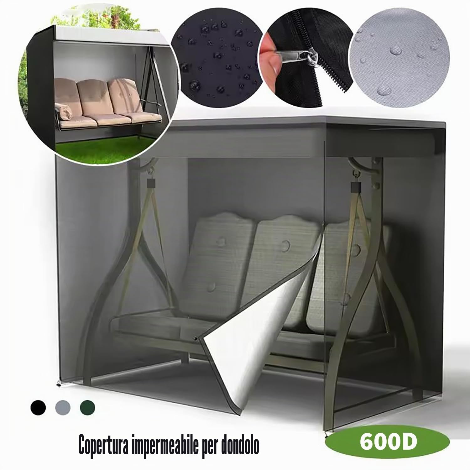 Copertura per Dondolo da Giardino a 3 Posti, Copertura Altalena, Tessuto Oxford 600D Anti-UV, Impermeabile, Antivento per da Giardino Swing 220x135x170cm