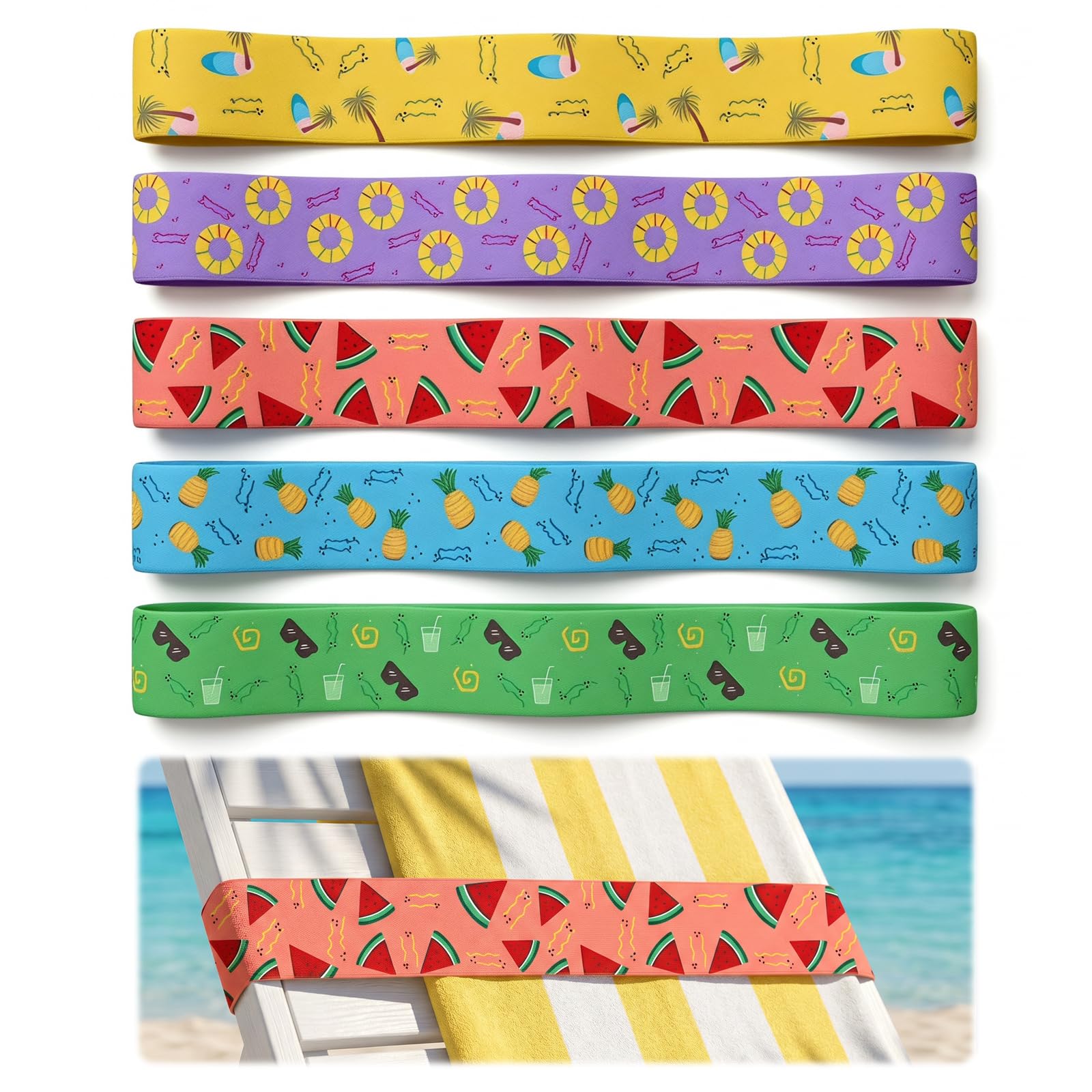 Merzio 5Pcs Beach Towel Bands for Sun Loungers, Elastic Windproof Sunbed Towel Clips, Cruise Essentials Accessories for Pool Chairs, Holidays Essentials Beach Accessories for Family (5CM*40cm)