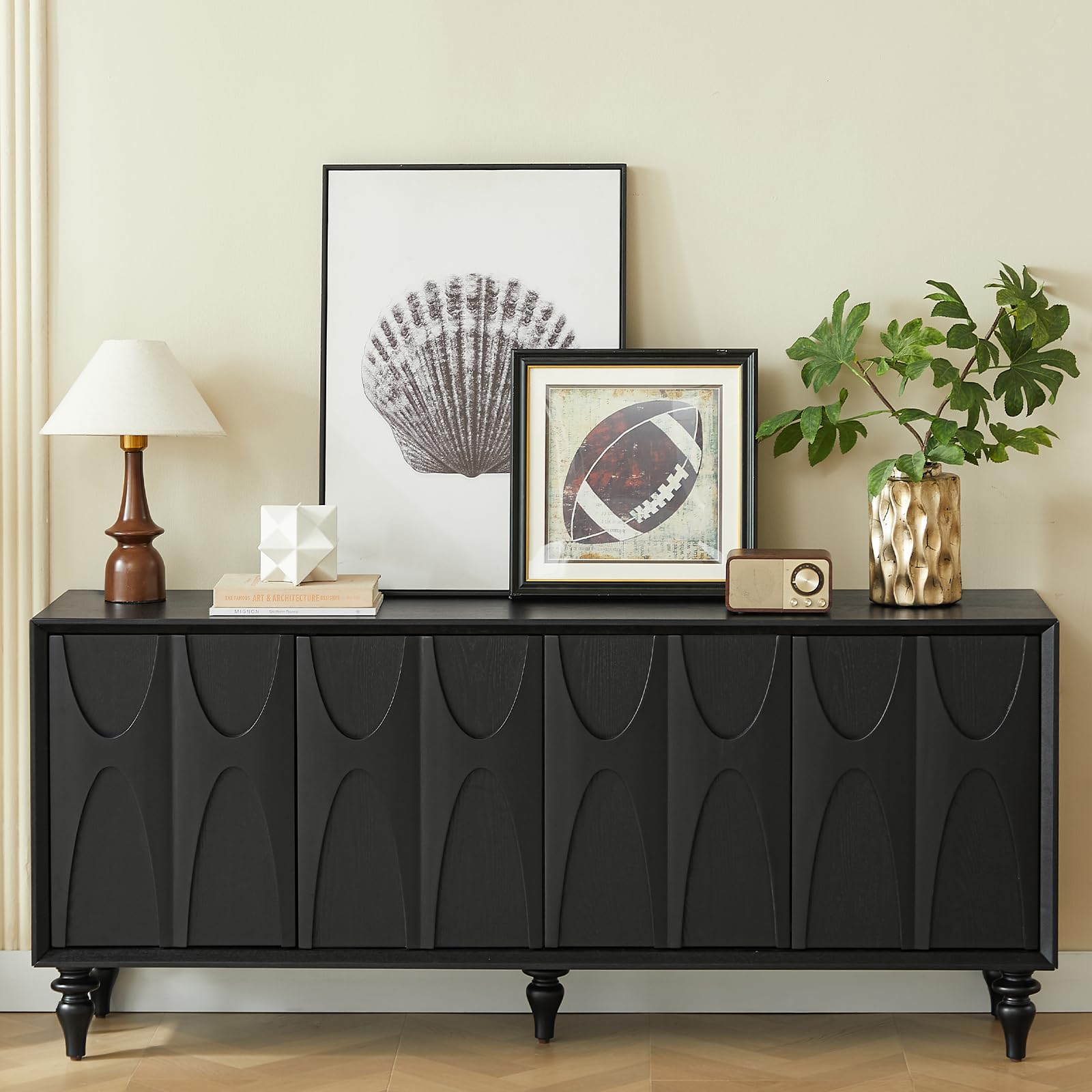 62.99" Sideboard Buffet Cabinet with Storage, Solid Wood Kitchen Storage Cabinet Credenza Accent Console Table with Solid Wood Roman Legs Dovetail Door Trim Panel Ash Veneer,Black