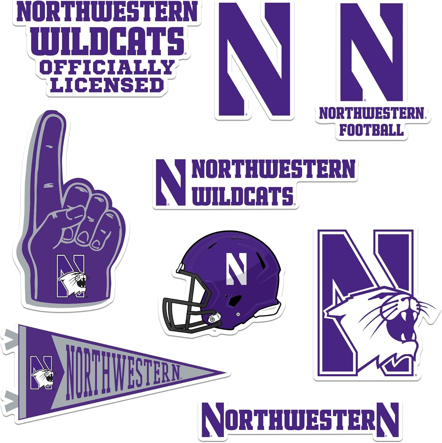 Northwestern University 8ct Vinyl Large Deluxe Stickers Variety Pack - Laptop, Water Bottle, Scrapbooking, Tablet, Skateboard, Indoor/Outdoor - Set of 8