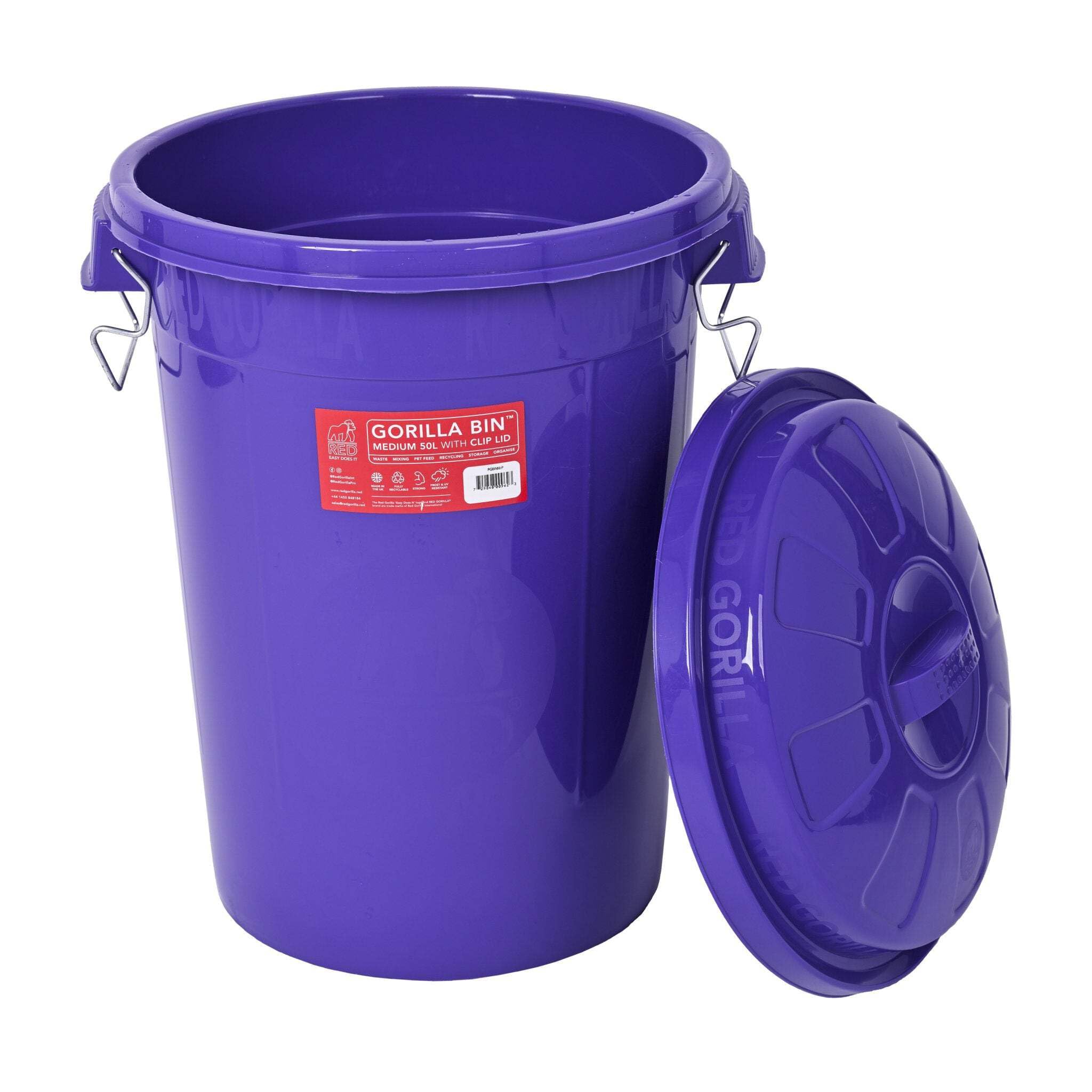 Red Gorilla Bin 50 Litre with Clip Lid Purple Stackable Storage Plastic Lightweight Weather Resistant Frost Proof for Indoor Outdoor Waterproof Waste Bin for Garden Garage Kitchen Home Recycling