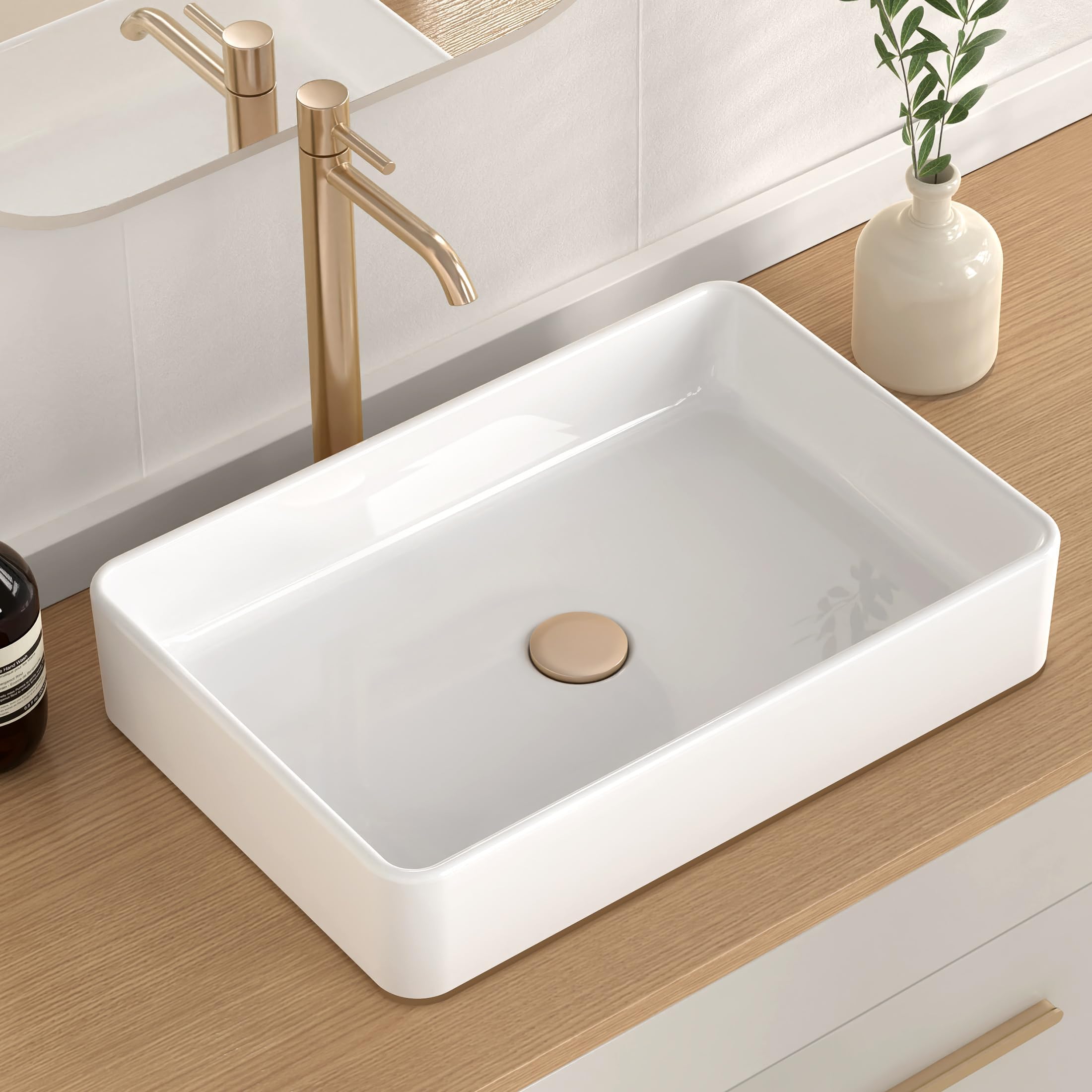 Bathroom Vessel Sink 20 Inch Above Counter Rectangular White Ceramic Countertop Sink for Cabinet Lavatory Vanity, BVS123S50