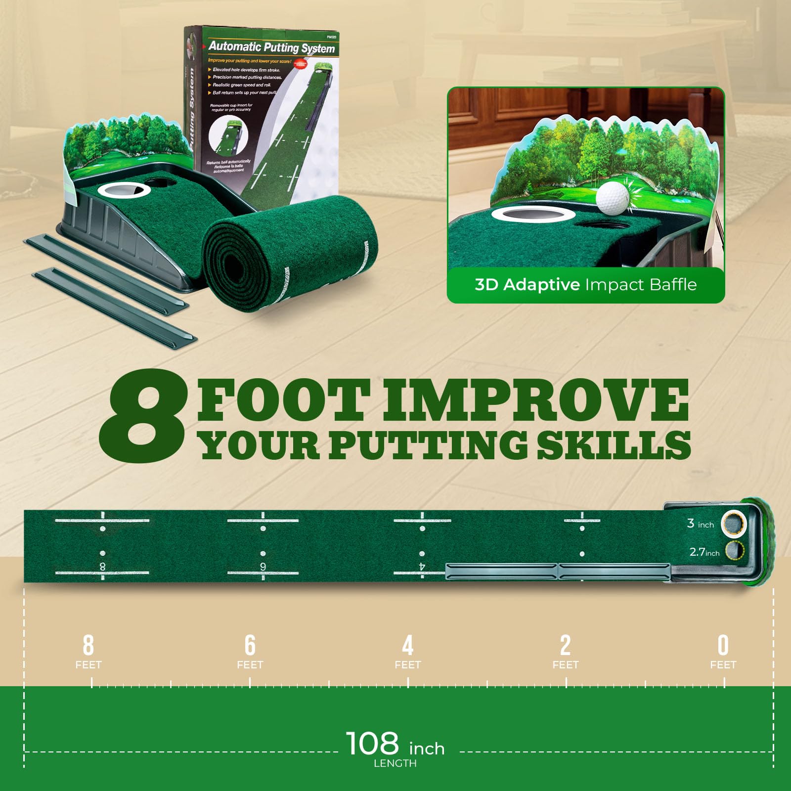 Putting Green Indoor – Golf-Putting-Matte mit realistischer grüner Geschwindigkeit, Doppelloch-Präzisions-Golf-Putting-Matte mit automatischer Ballrückführung, 2,4 m Golfmatte für Indoor- und