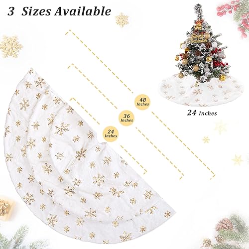 Miniatura 6 de Falda de árbol de piel sintética blanca con copos de nieve de lentejuelas doradas, faldas de árbol de 24 pulgadas, mini faldas de árbol de felpa