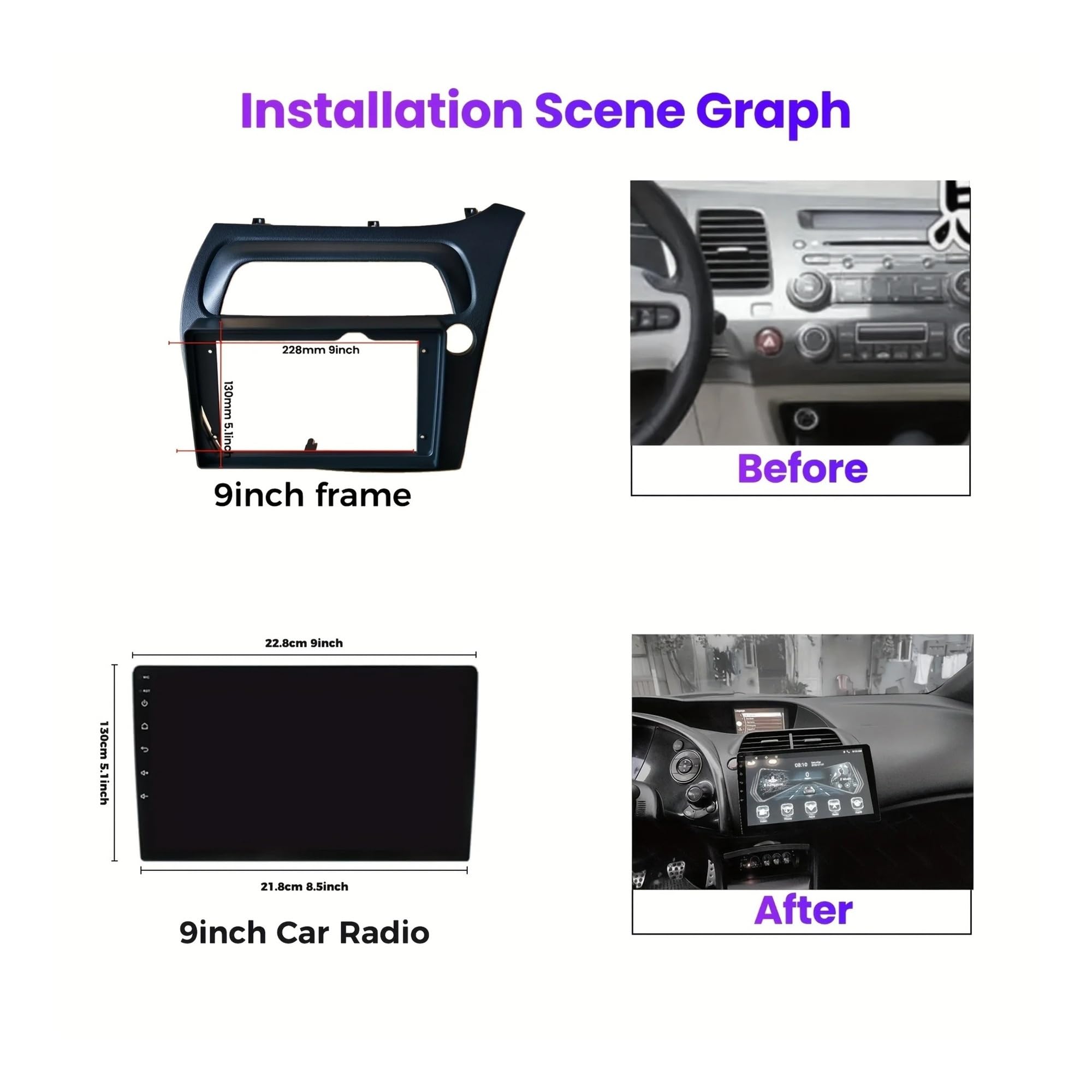 Mascherina Autoradio Cornice Stereo 9 Pollici Telaio 2 DIN Autoradio Fascia Auto Audio Dash Kit Installazione Trim per Civic Hatchback 2006 2007 2008 2009 2010 2011