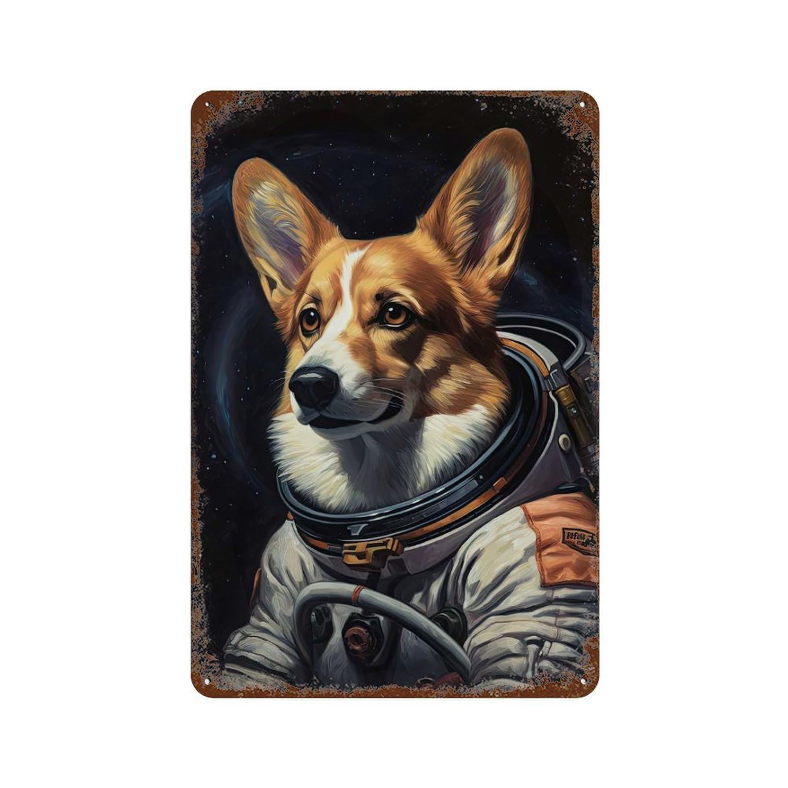 Vintage Metal Tin Sign with Corgi Dog The Astronaut Design 11.8"x7.9", for Garage, Bar And Workshop Decor, Novelty Wall Decor