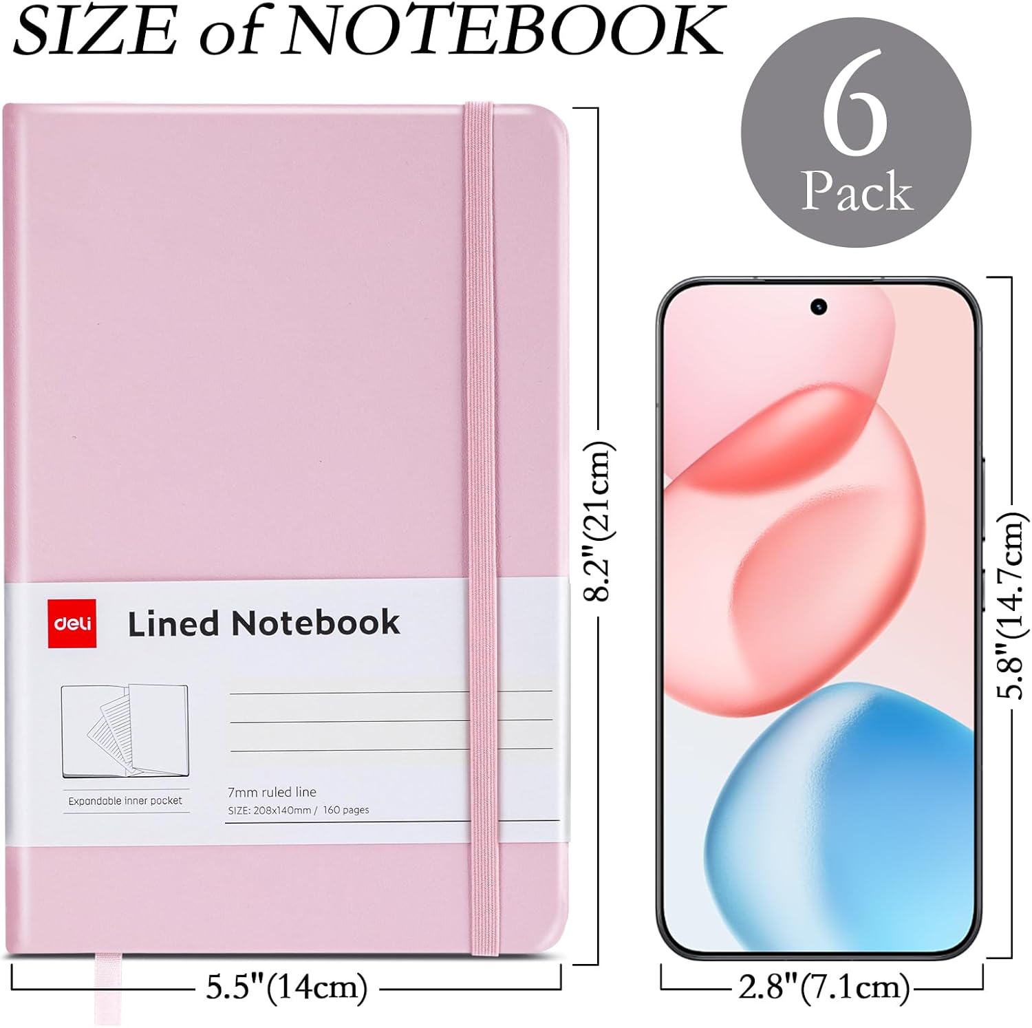 deli 6 Pack Multicolor Lined Journal Notebook for Work, Moleskine Notebooks, A5 (5.5"x8.3"), 160 Pages Hardcover Journaling Notebooks, Multicolor College Ruled Notebooks for Notes-taking/Work/Travel