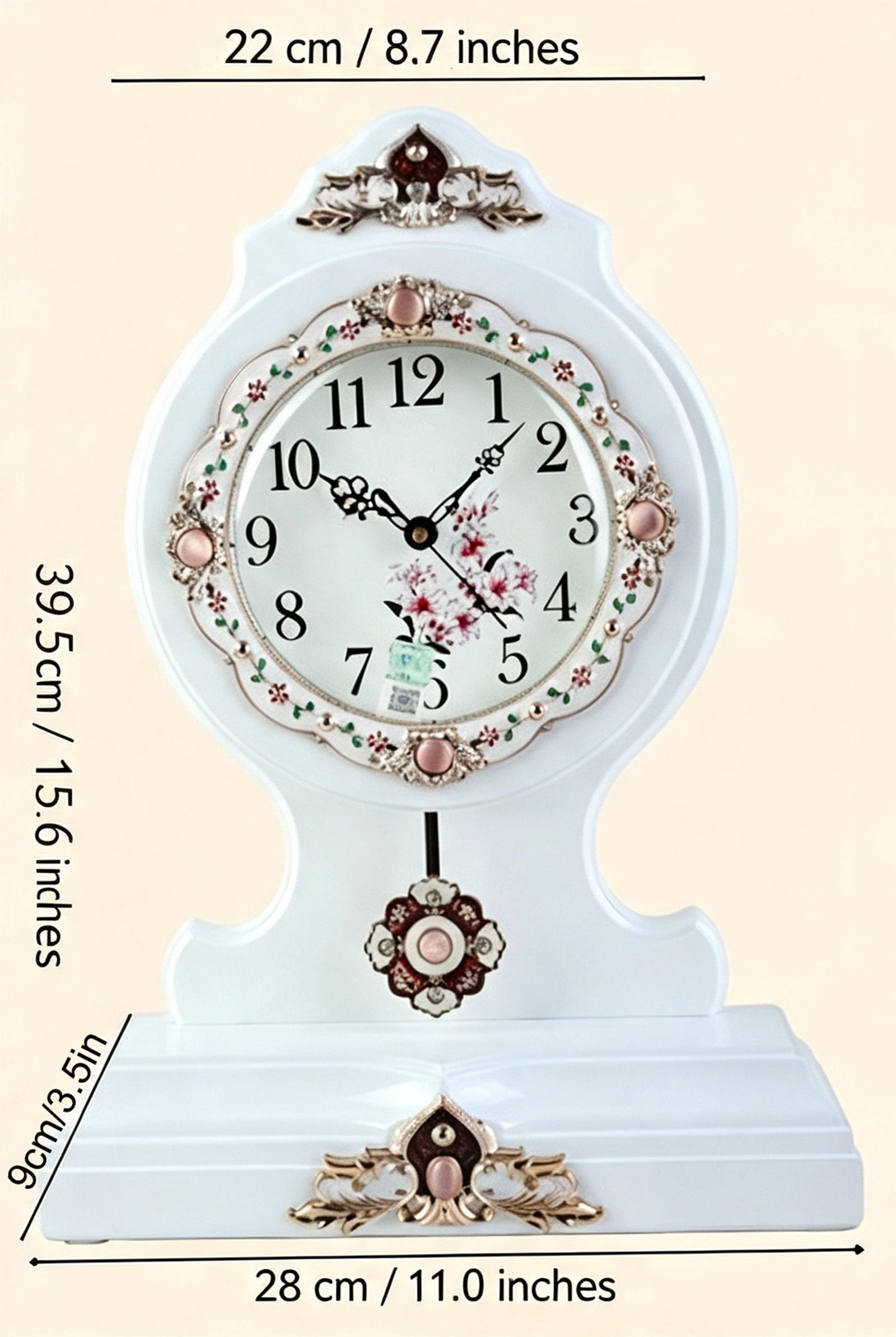 Zegar stołowy vintage drewniany z metalowym wahadłem cichy mechanizm kwarcowy zegar retro do salonu sypialni wejścia wystrój domu parapetówka ozdoba prezent, biały