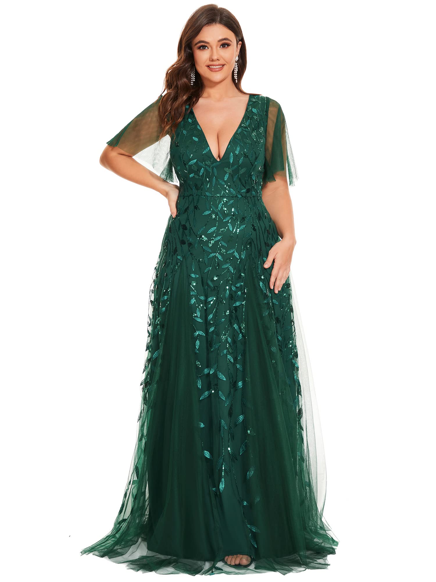 Ever-Pretty Abito da sera da donna con scollo a V e paillettes taglie forti, verde scuro, 58