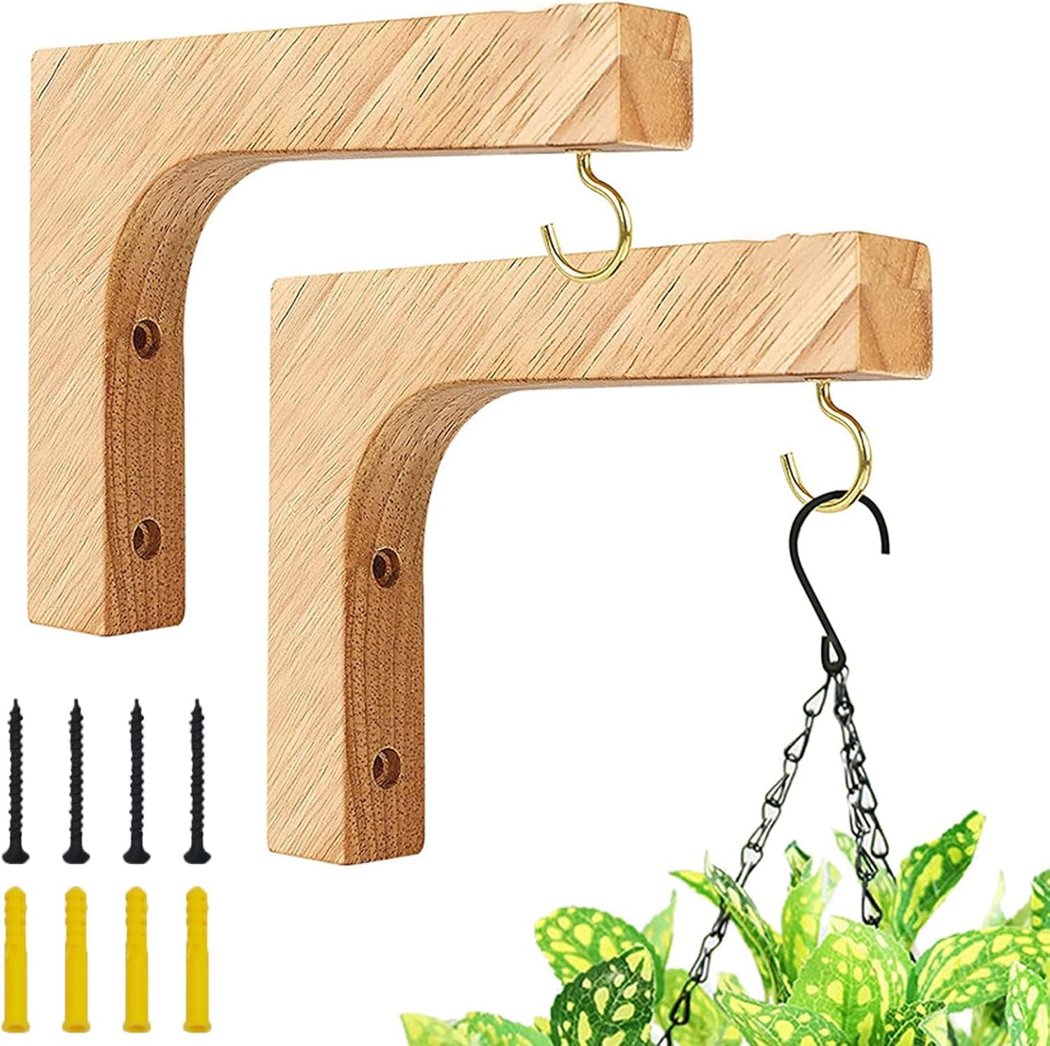 Fipfovpa Wooden Hanging Plant Bracket, Heavy Duty Hanging Plant Hook with Screws, Decorative Indoor Hanging Plant Bracket for Lanterns Wind Chimes Flowerpots Baskets (Max Load 20kg)