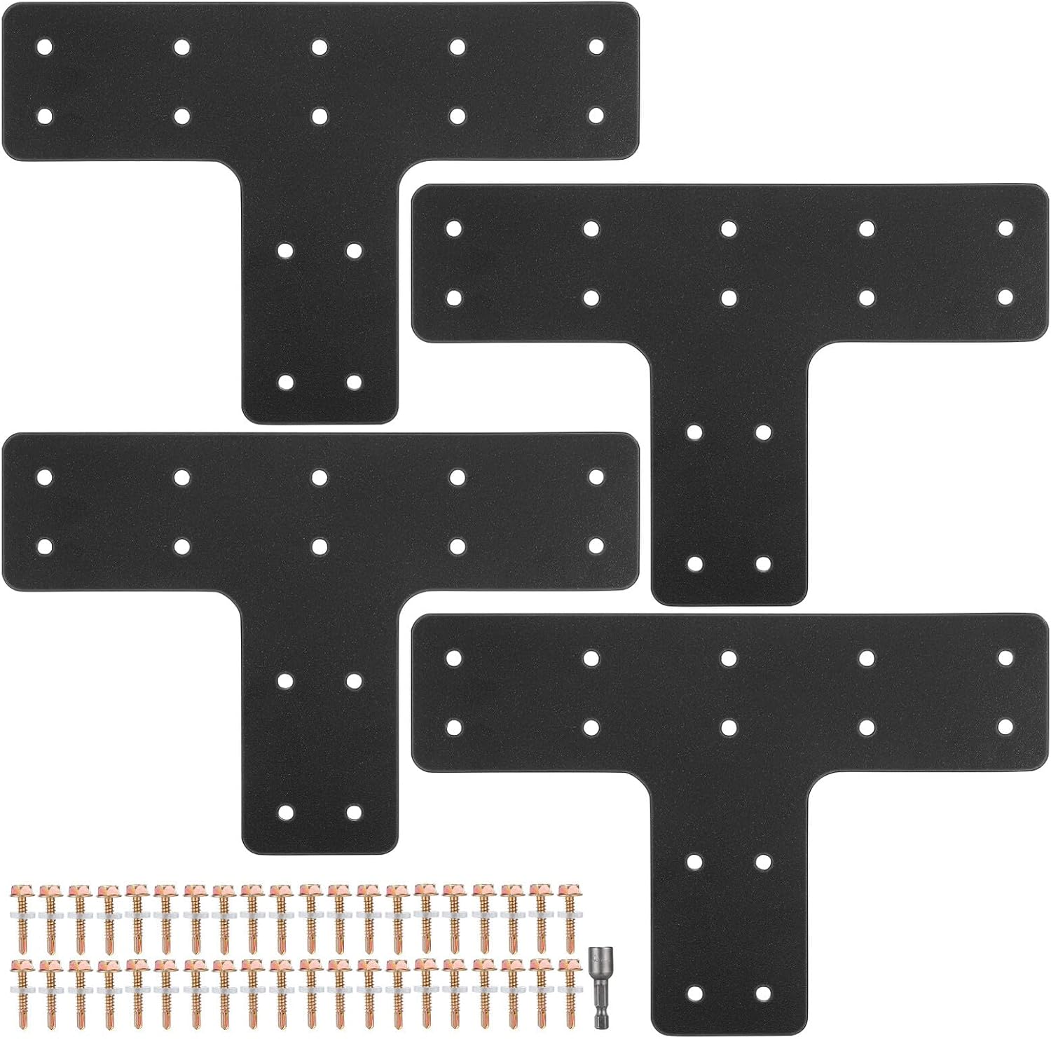 Cabilock T-Shaped Metal Repair Mending Bracket Plate with 56 Screws and Socket, Heavy Duty Flat Steel T Post Brace for Wood Fence and Pergola Post Repair, 4pcs Set