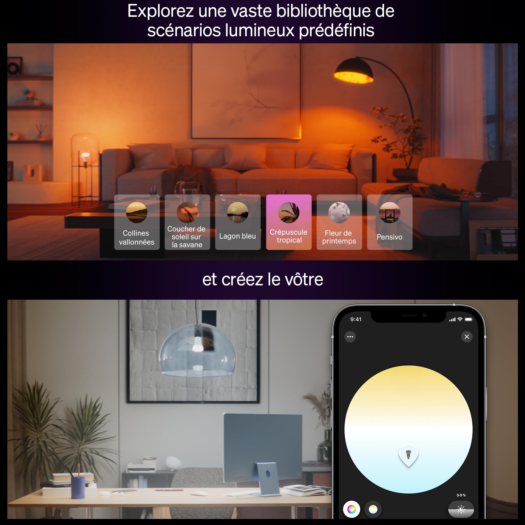 Philips Hue Kit de démarrage avec Bridge + 2 spots E27 + Smart Button, Ampoule Philips Hue White and Color Ambiance, Ampoule connectée compatible Apple Home, Alexa, Google, Samsung SmartThings