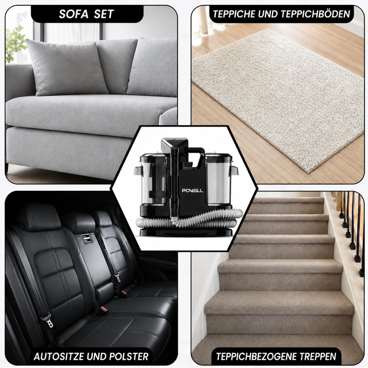 Powell Tragbarer Teppichreiniger & Fleckenentferner – 450-W-Sofa- & Fleckenreiniger für Teppiche, Möbel, Teppiche, Matratzen, Treppen & Autopolster | Leicht und schnell trocknend (Schwarz)