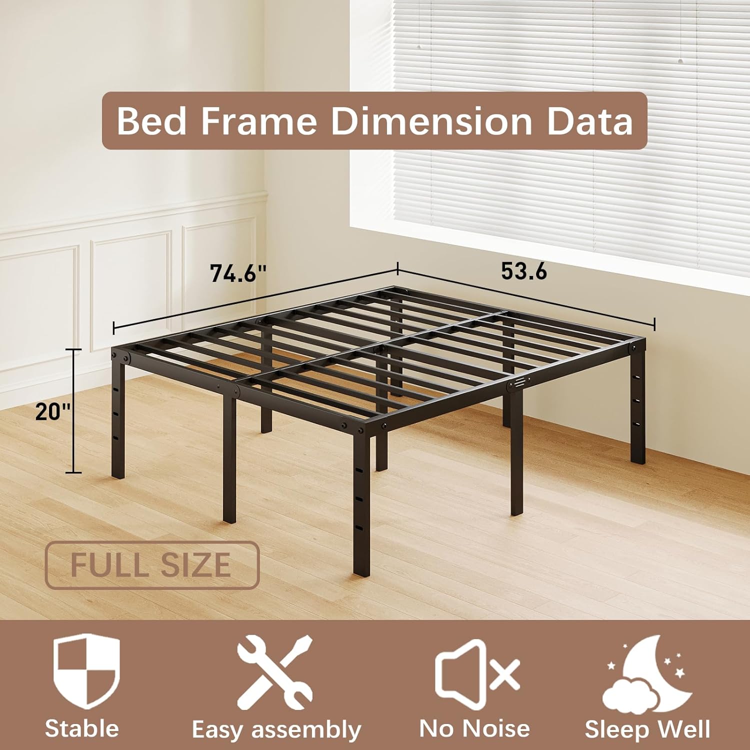 20 Inch Tall Full Size Bed Frame with Large Storage Space, Heavy Duty Metal Platform No Box Spring Needed, Easy Assembly Strong Bearing Capacity, Noise Free