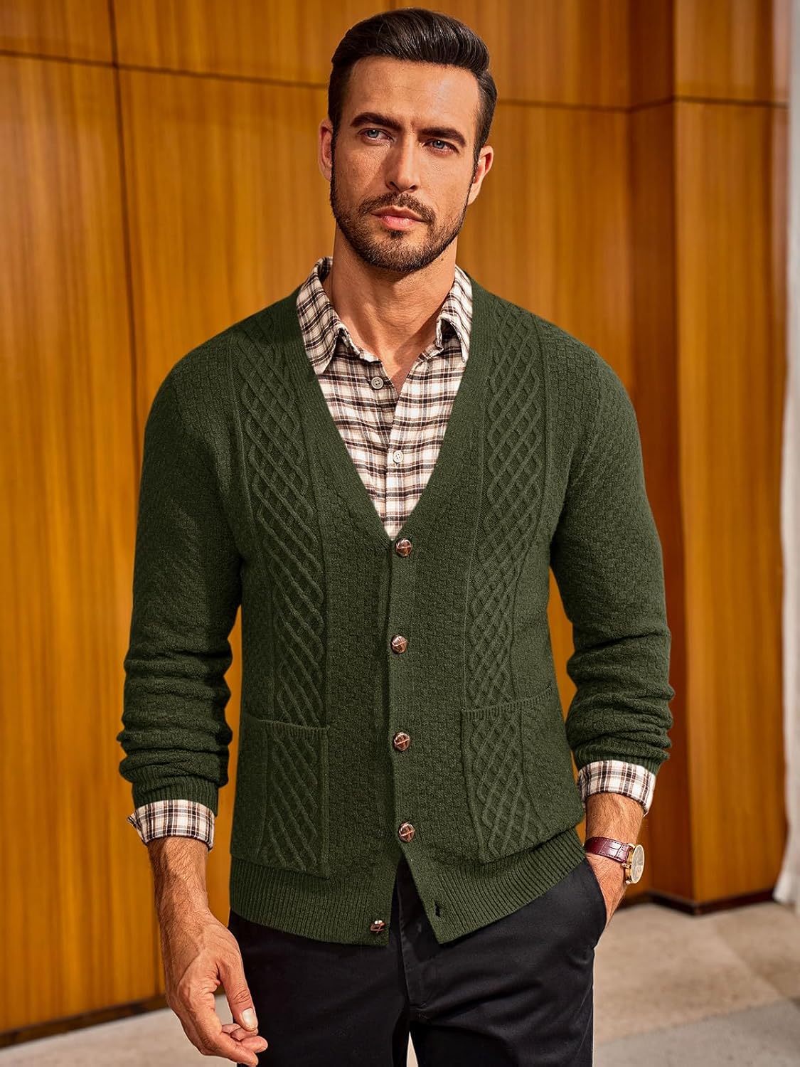 Runcati Mens Cardigan Sweater Casual V Neck Cable Knitted Cardigans Button Down Winter Chunky Sweaters with Pockets - Image 2