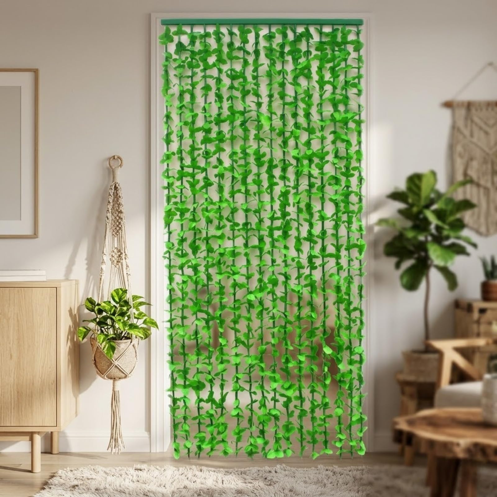 Rideau Feuillage Artificiel Vert, Rideau de Porte Lierre Suspendu, Séparateur de Pièce Décoratif, Rideau de Plantes Artificielles Pour Chambre Salon Balcon, Décoration(100x200cm)
