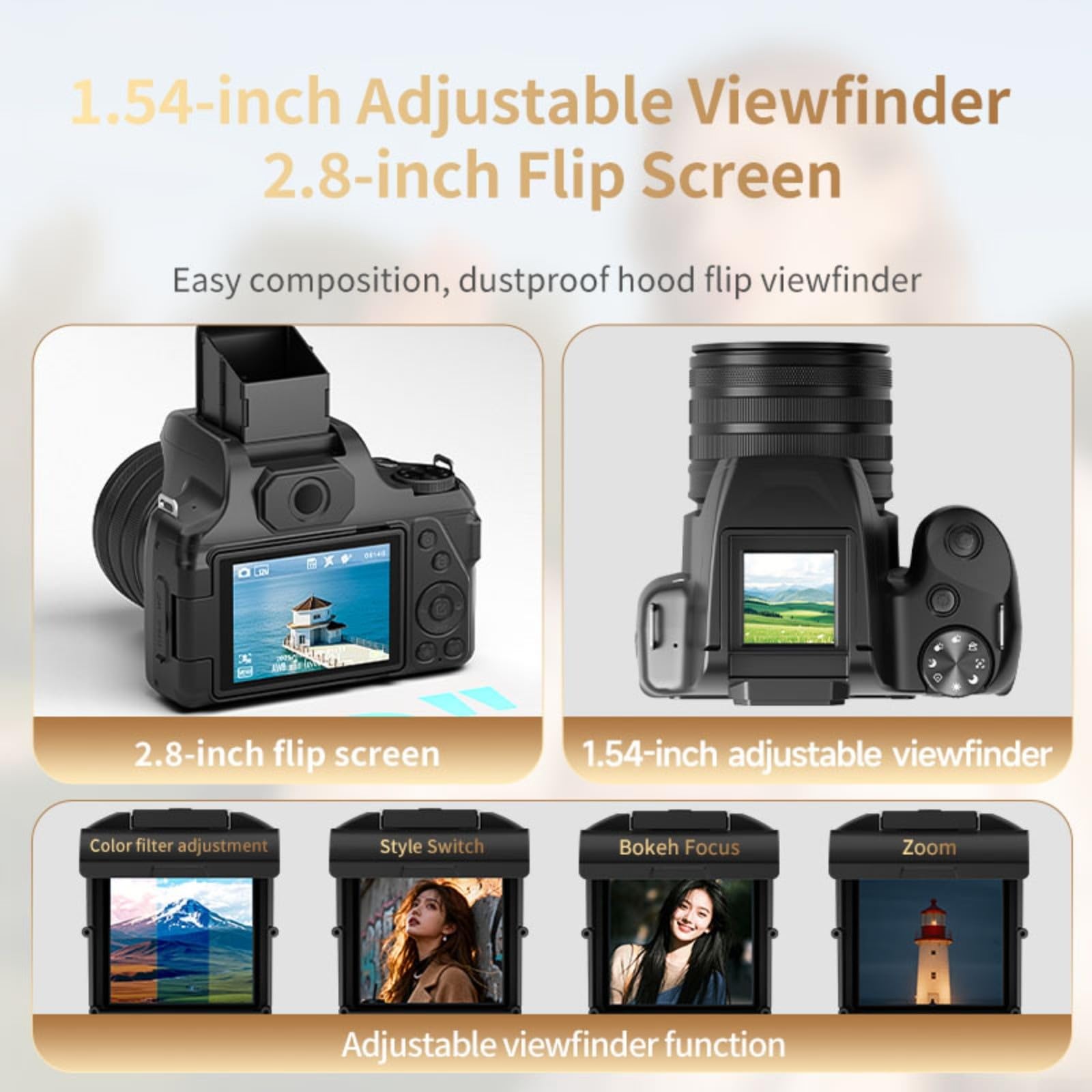 Fotocamera digitale da 68 MP con video 4K 60 FPS, zoom 28X e schermo flip per vlogging selfie, HD ricaricabile di tipo C per kit videocamera (specchio polarizzatore fotocamera)