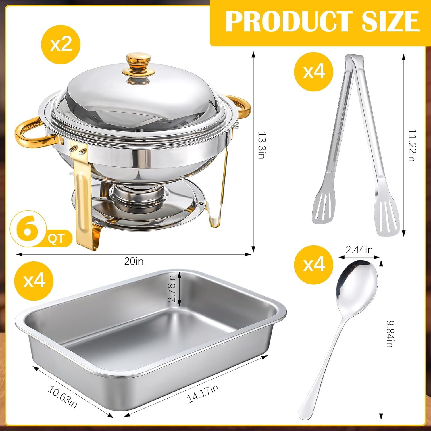 Chafing Dishes for Buffet Set 2 Pcs Stainless Steel Chafing Dishes with Lid 4 Stainless Steel Food Pan Metal Tray Food Container 8 Serving Utensils (Spoons and Tongs) for Party Event Dinner