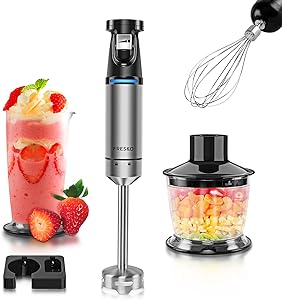 Immersion Hand Blender, Stainless Steel Handheld Stick Blender with Turbo Mode, FRESKO 5-in-1 Multi-Function 400W 700ml Beaker, 500ml Chopping Bowl, Whisk, Wall Rack Attachments, BPA-Free