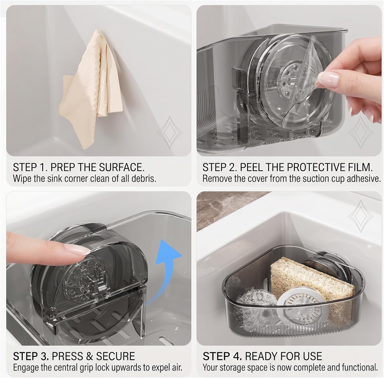 2PCS Corner Sink Organizer Rack for Kitchen - Triangular Sponge Holder & Dish Brush Caddy with Powerful Vacuum Suction Cup Mount - Fast Draining Storage Basket for Sink, Bathroom & Laundry