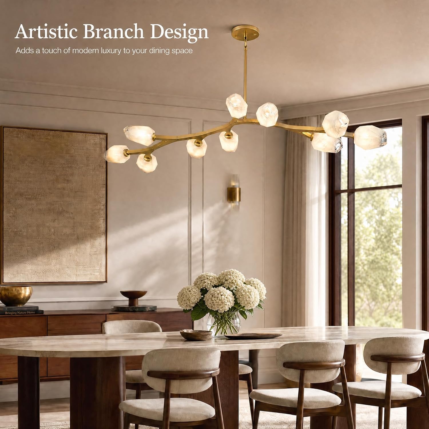 Modern Gold Linear Long Chandelier,70in Large 10-Light Branch Chandelier with Faceted Glass Shades,Adjustable Luxury Ceiling Light Fixture for Dining Room,Kitchen Island,Restaurant (Includes Bulb) image 3