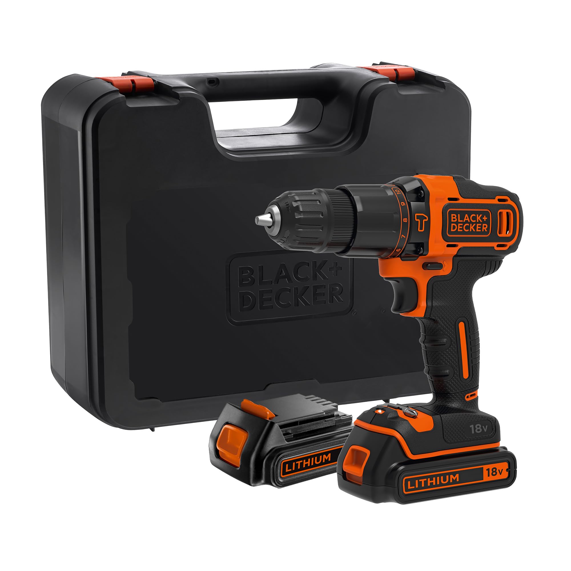 BLACK+DECKER Taladro percutor 18V, 2 marchas, 2 baterías 2Ah, cargador 400mA, caja del kit, BDCHD18KB2-QW