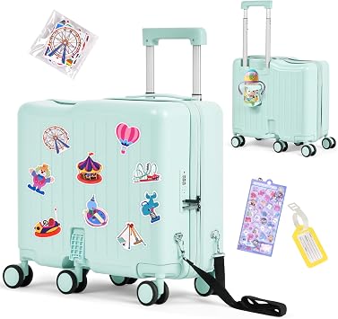 smilesun Kids Ride-On Luggage, 20" Hardshell Carry-On Suitcase with 6 Spinner Wheels, Foldable Pedal, Hidden Cup Holder & Combination Lock for Toddlers & Children Green, 20-inch