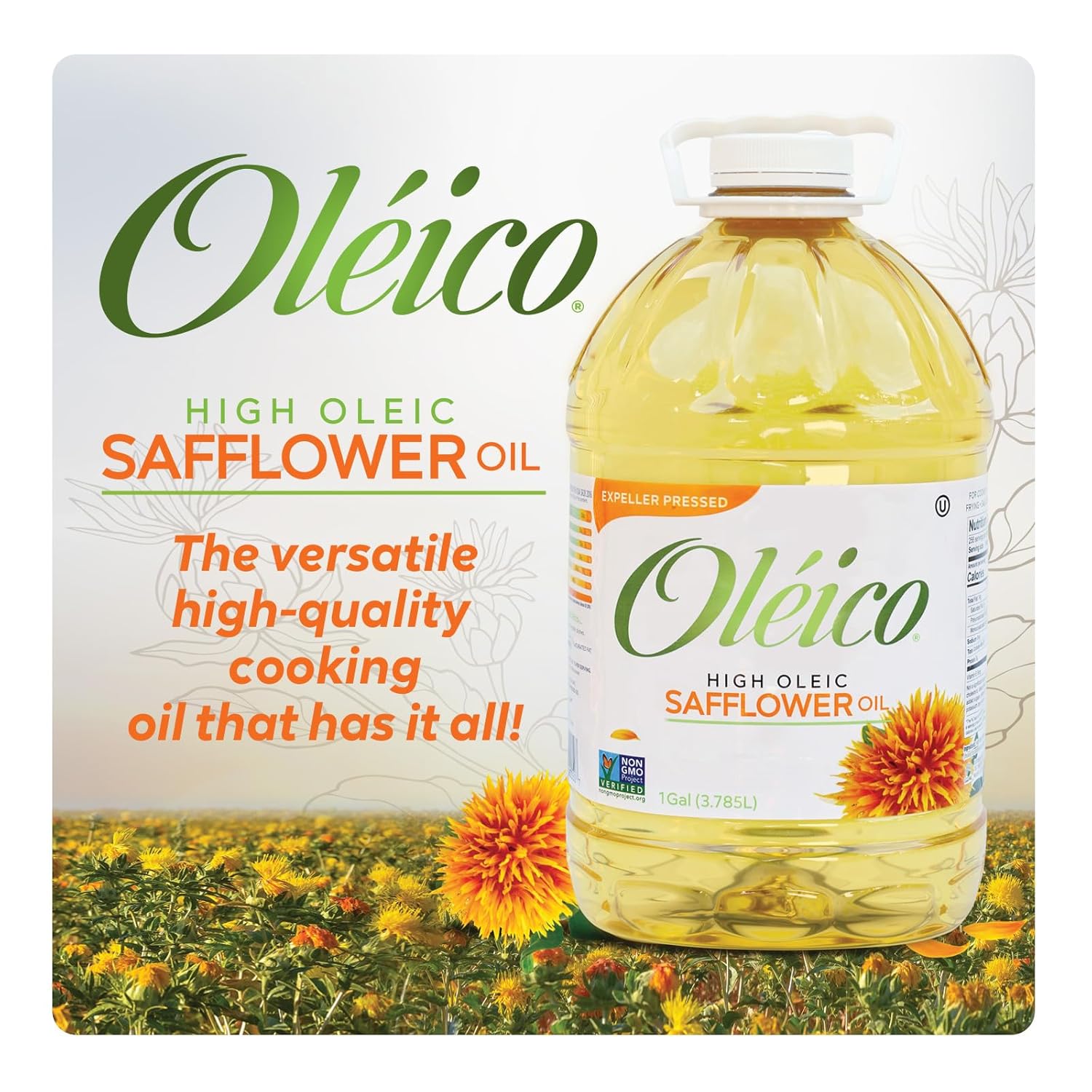 Oleico - High Oleic, Non GMO Certified, Kosher Verified, Expeller Pressed, High Heat Stable Safflower Oil, Bottle of 128 fl oz